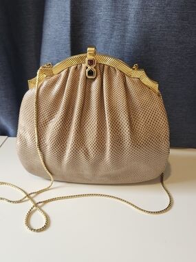 Vintage Judith Leiber Beige Karung Lizard Skin Clutch Bag Tiger's Eye Gold Chain